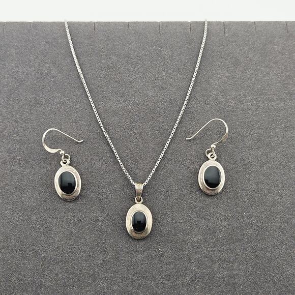 Italian Silver & Onyx Stone Jewelry Set Earrings Necklace Minimalist Everyday - Picture 1 of 11